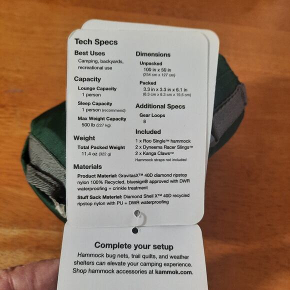 Kammok Roo Single 100"x50" Green Pine Hammock NWT - Picture 7 of 10